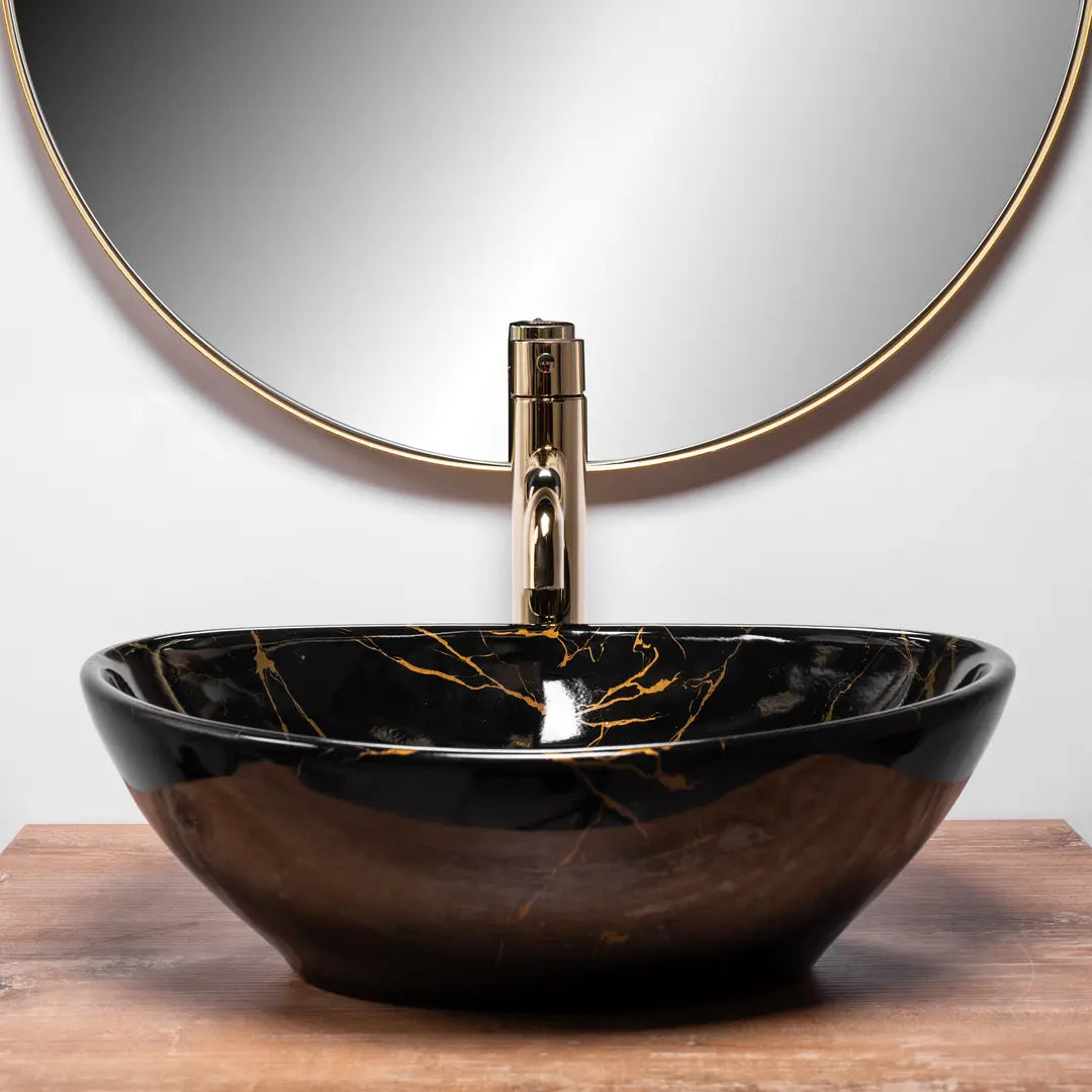 Aufsatzwaschbecken Sofia Black Marble 41 cm – Keramik Waschbecken Schwarz Gold