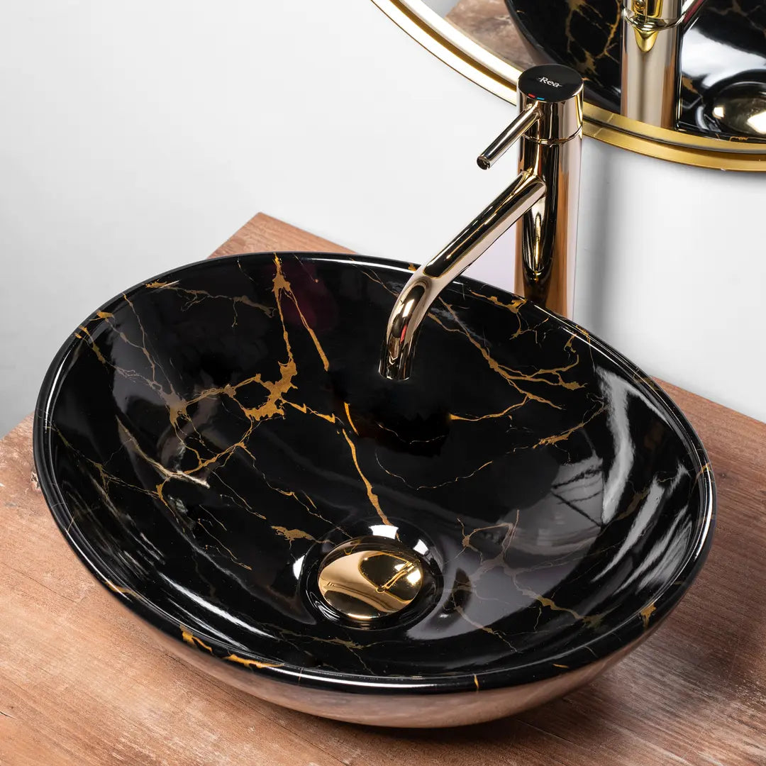 Aufsatzwaschbecken Sofia Black Marble 41 cm – Keramik Waschbecken Schwarz Gold