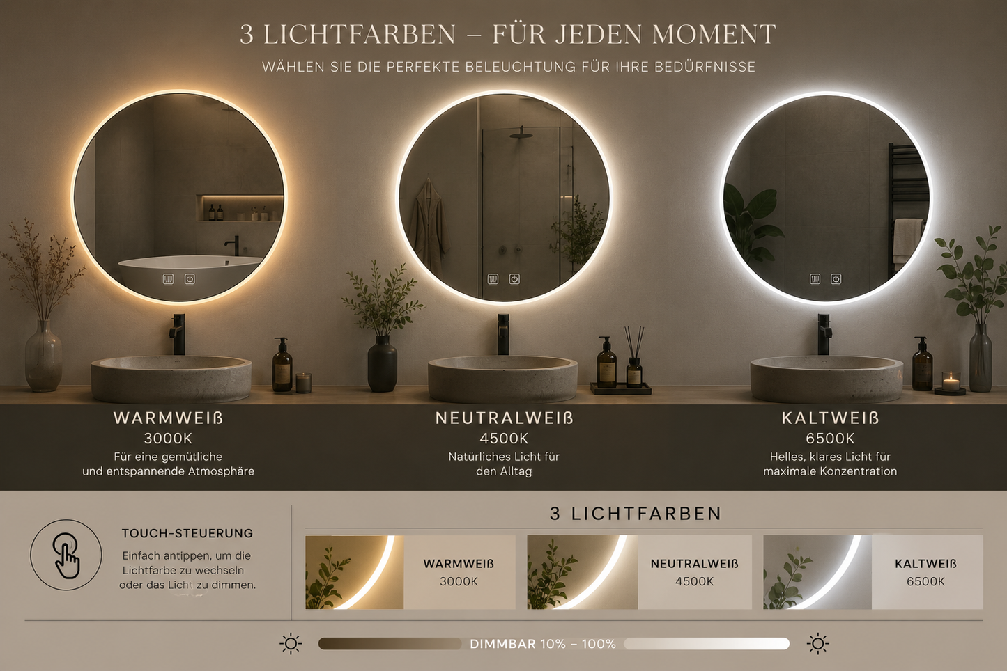 LED Badspiegel BAS Rund 70 cm – Anti-Beschlag & Hintergrundbeleuchtung