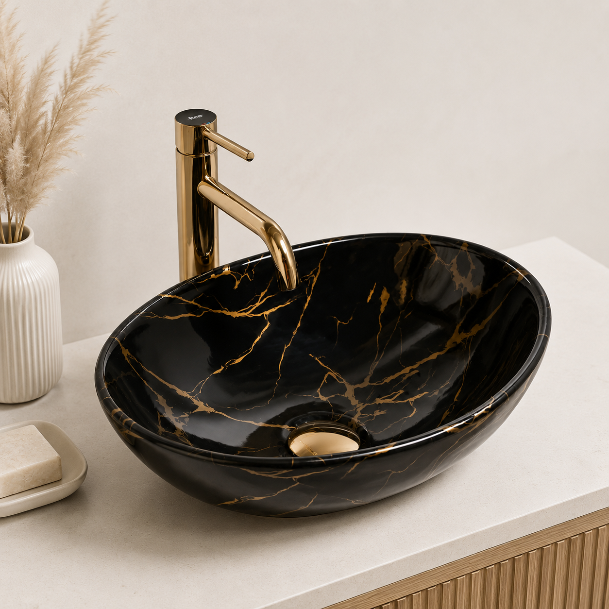 Aufsatzwaschbecken Sofia Black Marble 41 cm – Keramik Waschbecken Schwarz Gold